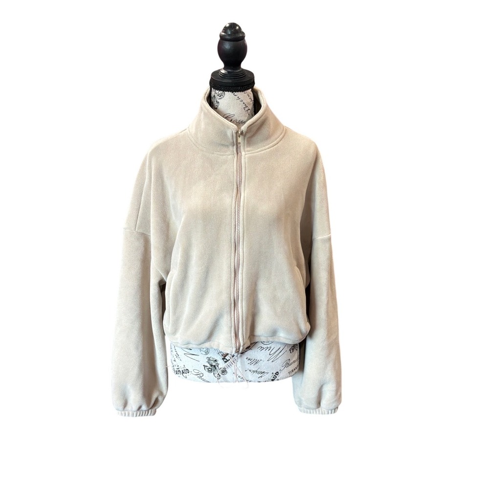 Automet Womens Fleece Full Zip Jacket Cream Mock Neck Drop Shoulder Size Medium